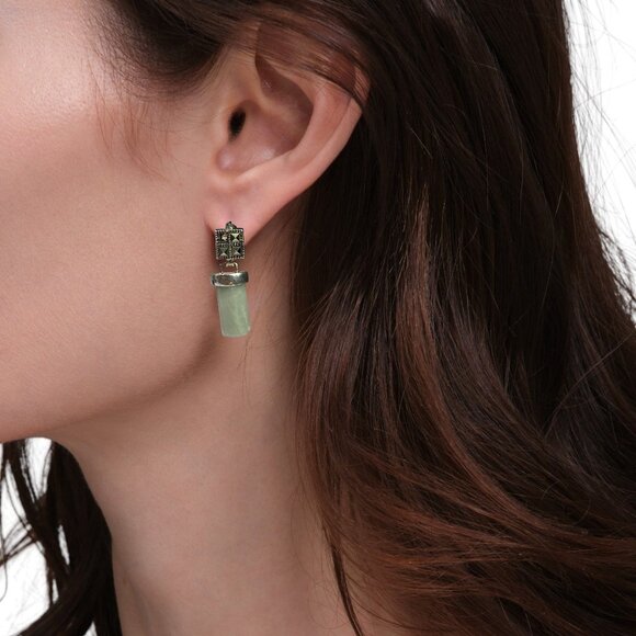 Marcasite & Green Jade Drop Earrings Vintage Style Elegant Stud Design - Picture 3 of 8
